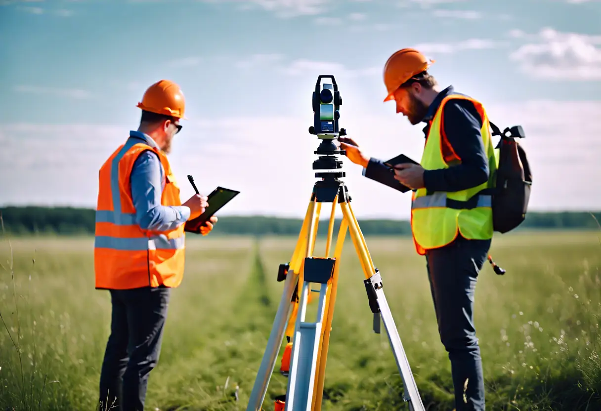 A team of engineers conducting a land survey with advanced equipment.