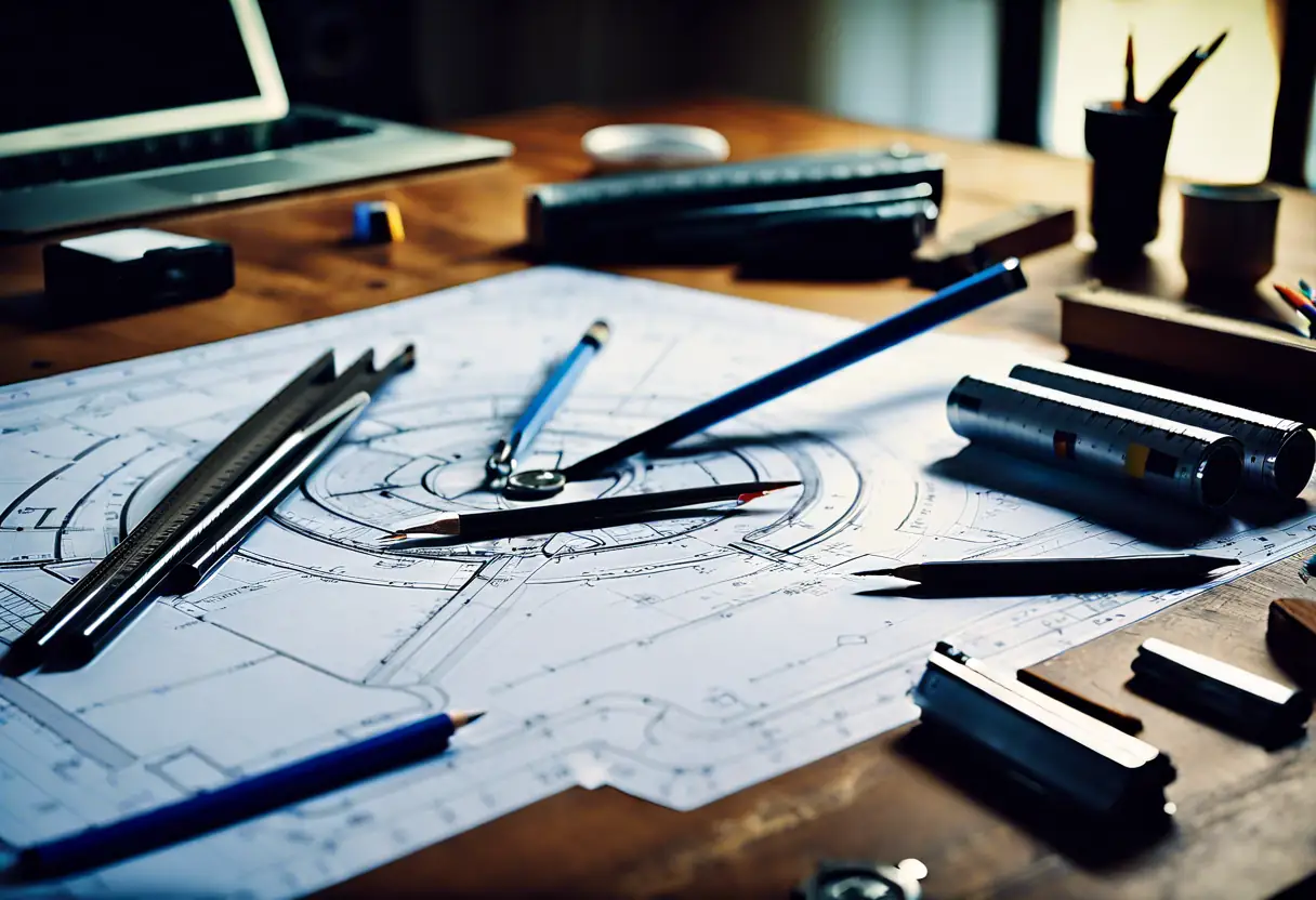 Detailed architectural plans and blueprints spread out on a table.
